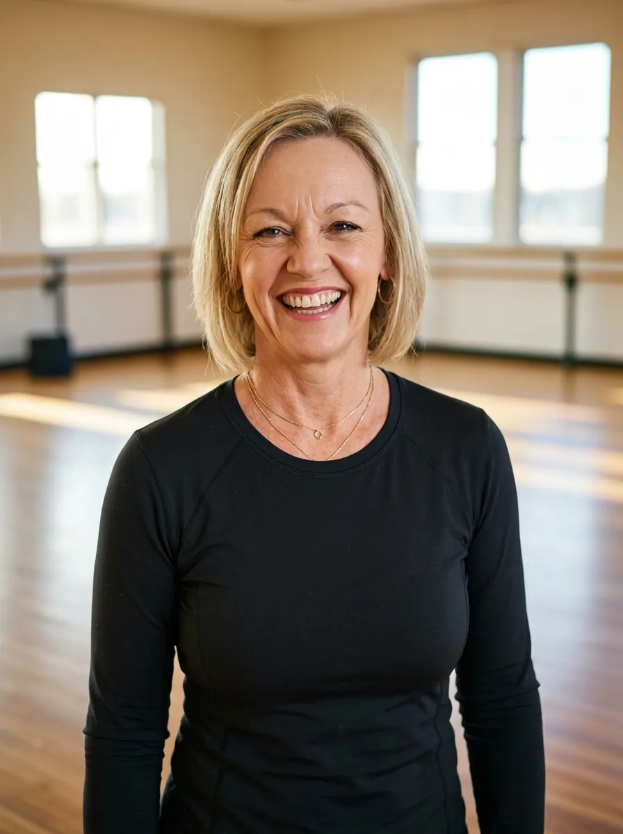 Debi smiling warmly in a sunlit dance studio with polished wooden floors